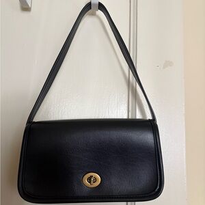 Black Leather Shoulder Bag with Gold Turn-Lock
